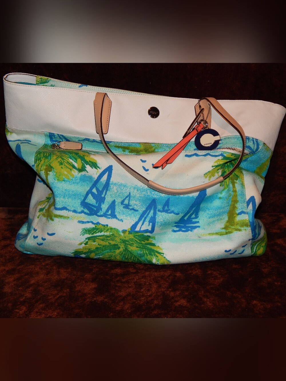 Coach Canvas Tropical Sail Tote in Blue, Green & Cream
